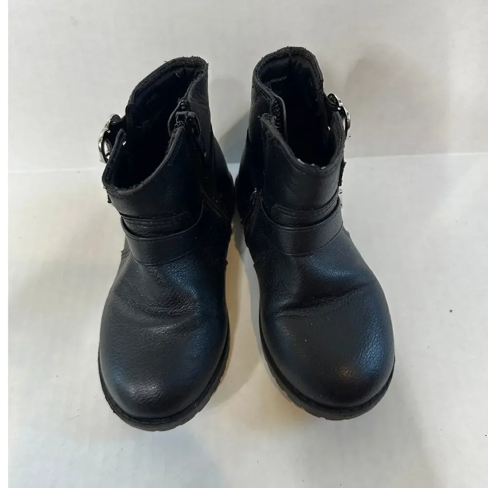 Black Silver Size 8 Kids Girls Lil Natalie Heart Buckled Moto Ankle Boot Bootie